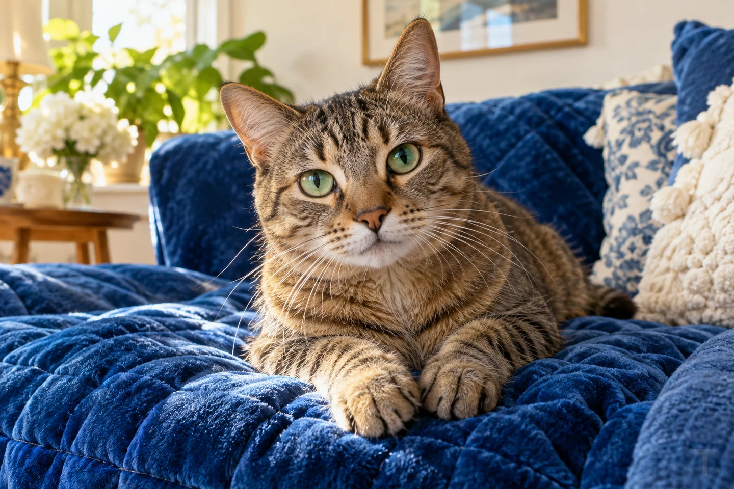 An adult tabby cat relaxes on a cobalt-blue blanket in a sunlit home.