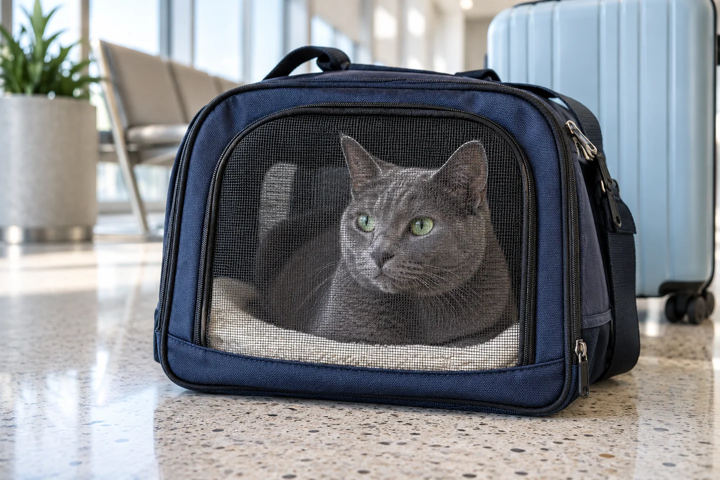 A grey cat looks out through the closed mesh of a navy pet carrier.