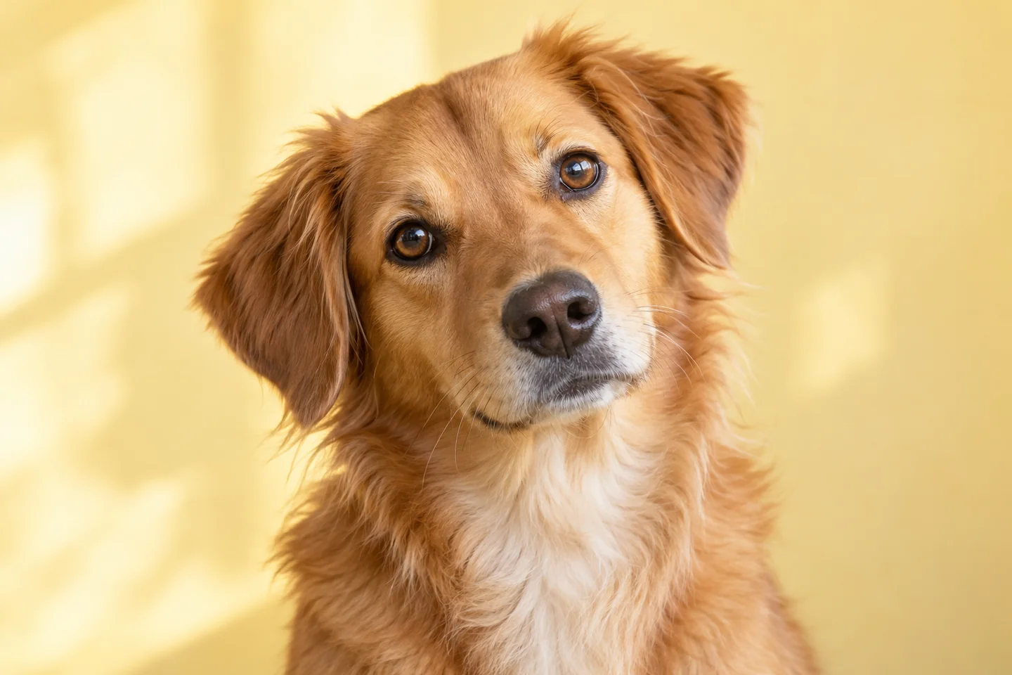 A golden-tan dog tilts its head against a warm yellow background.