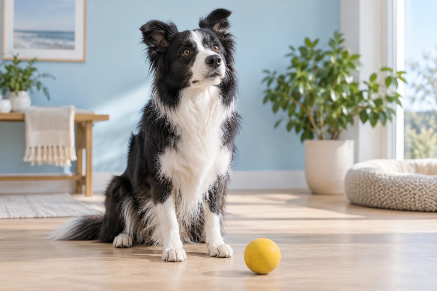 A border collie waits calmly beside a yellow ball.