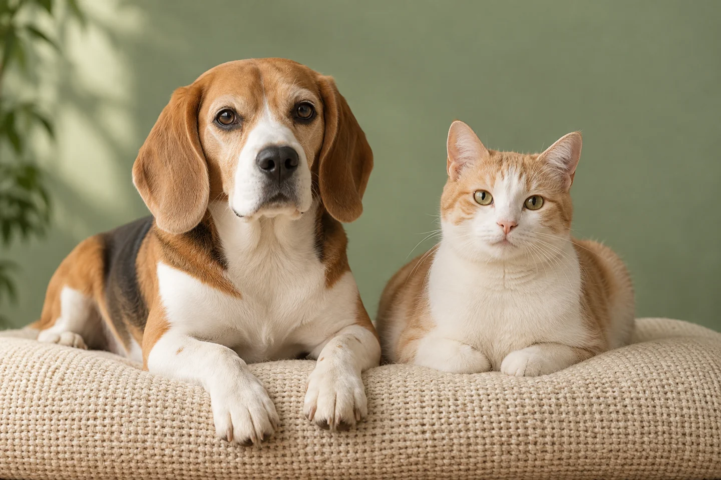 A beagle and a ginger-and-white cat rest together on a cream cushion.