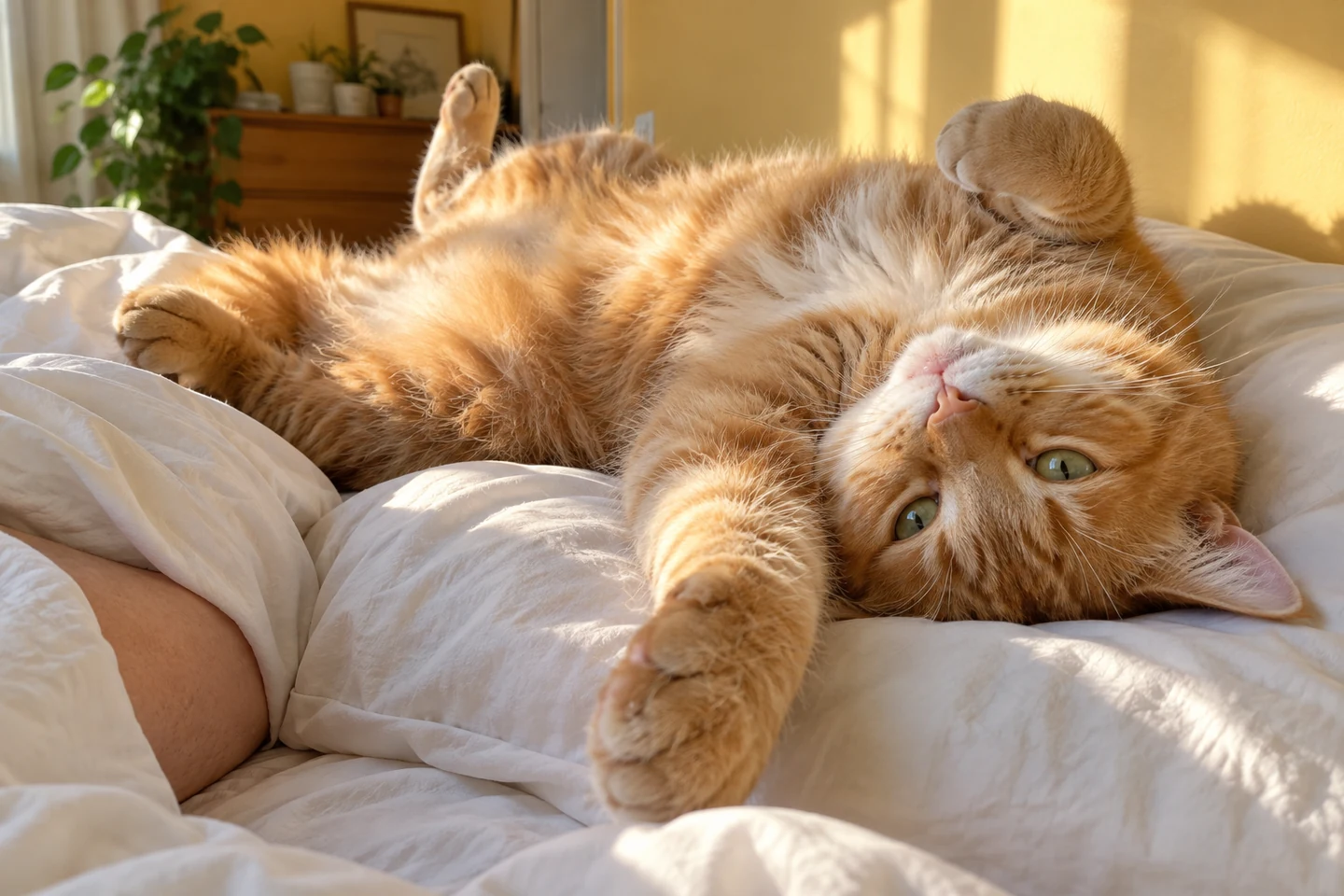 A ginger cat sprawls upside down on a pillow beside a person’s arm in warm morning sunlight.