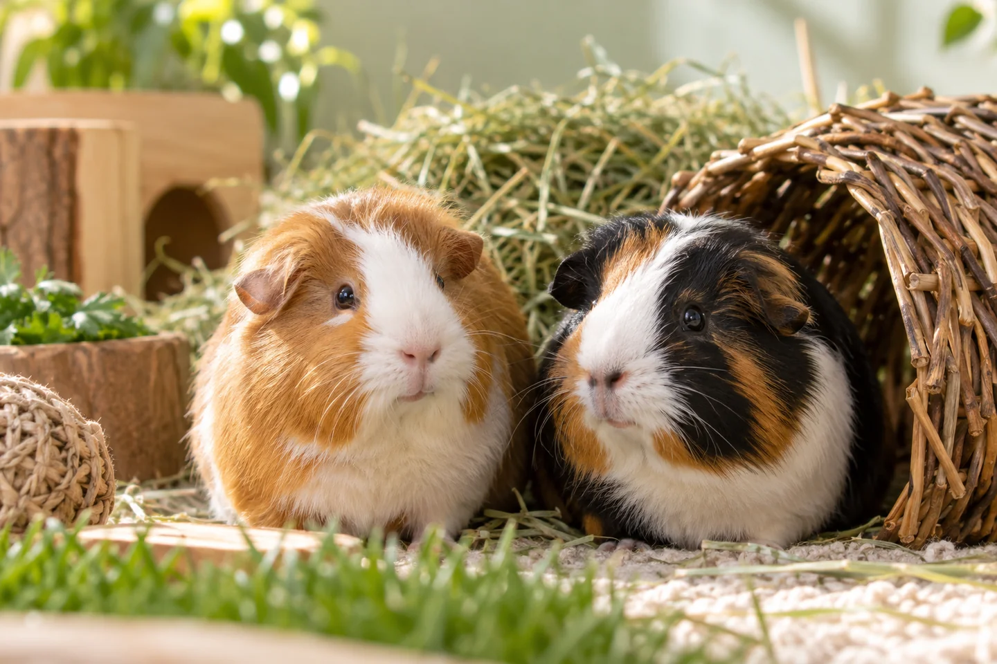 Two guinea pigs sit together beside hay and a woven tunnel.