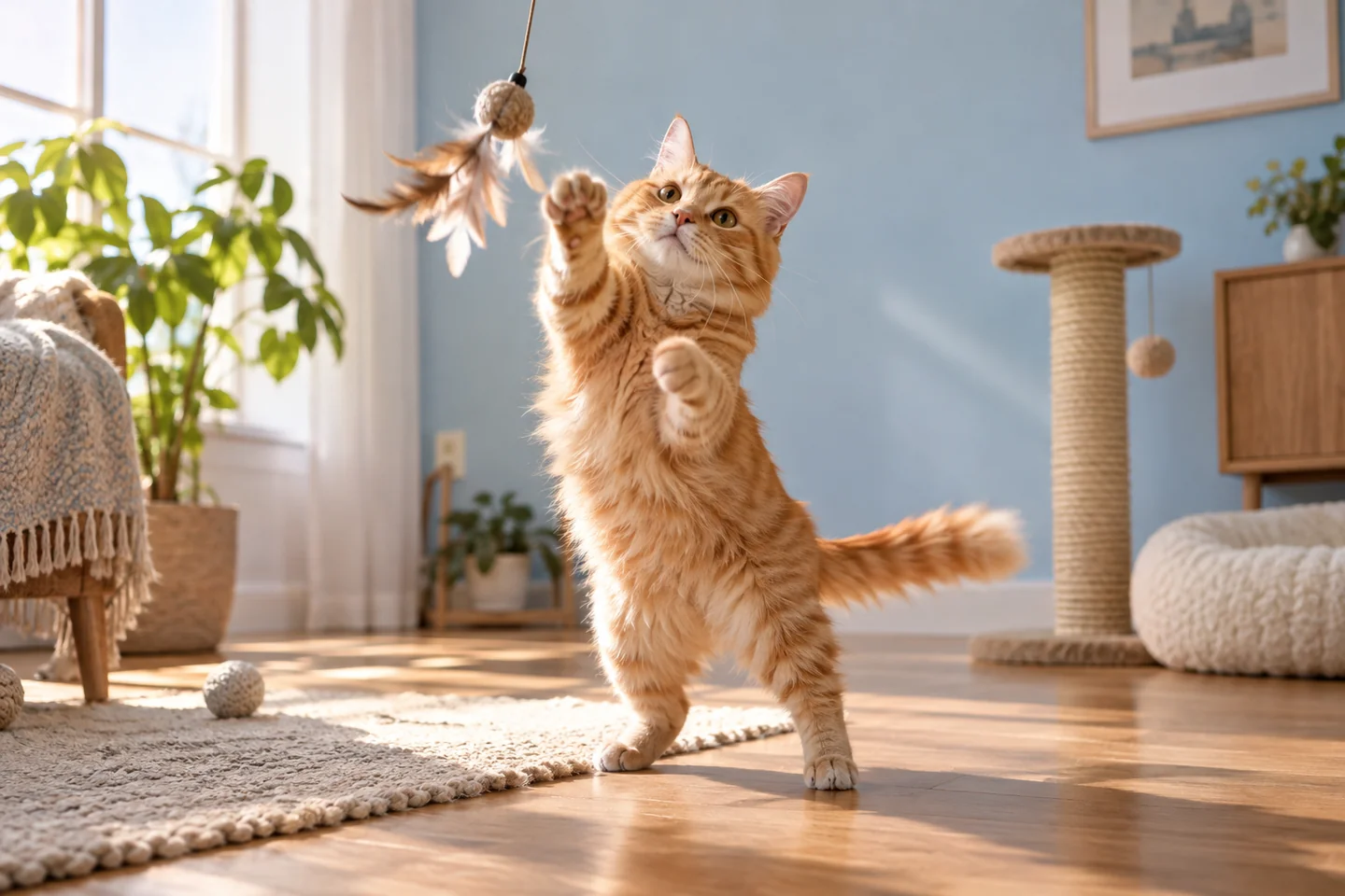 A ginger cat reaches for a feather toy in a bright living room.