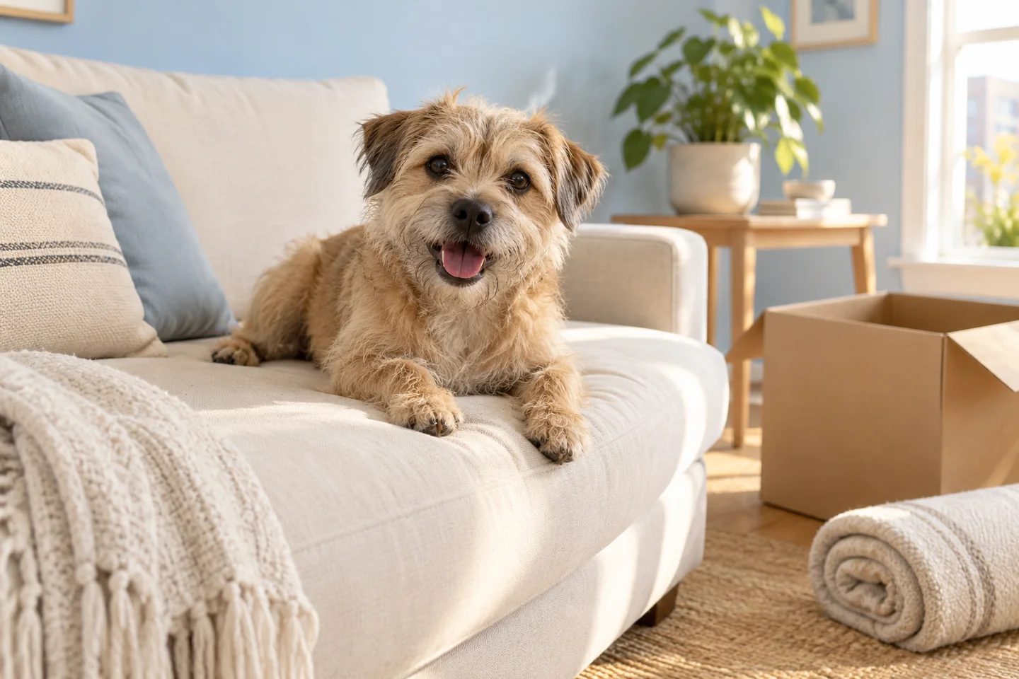 A small terrier relaxes on a sofa beside a plain moving box.