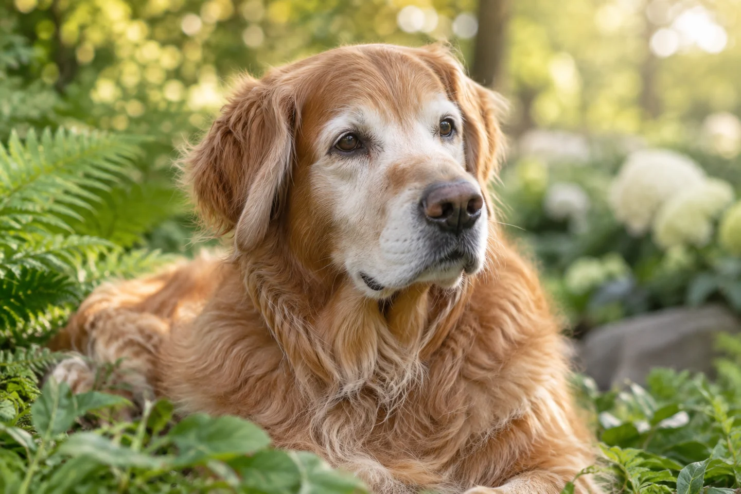 A senior golden retriever with a silver muzzle rests in a green garden.