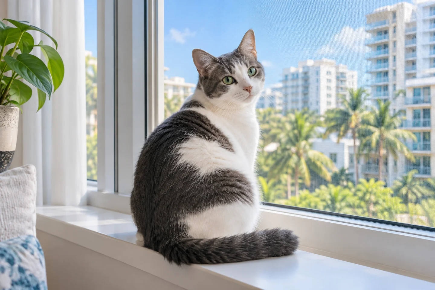 A grey-and-white cat sits inside a securely screened apartment window.